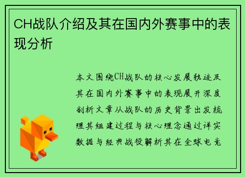 CH战队介绍及其在国内外赛事中的表现分析